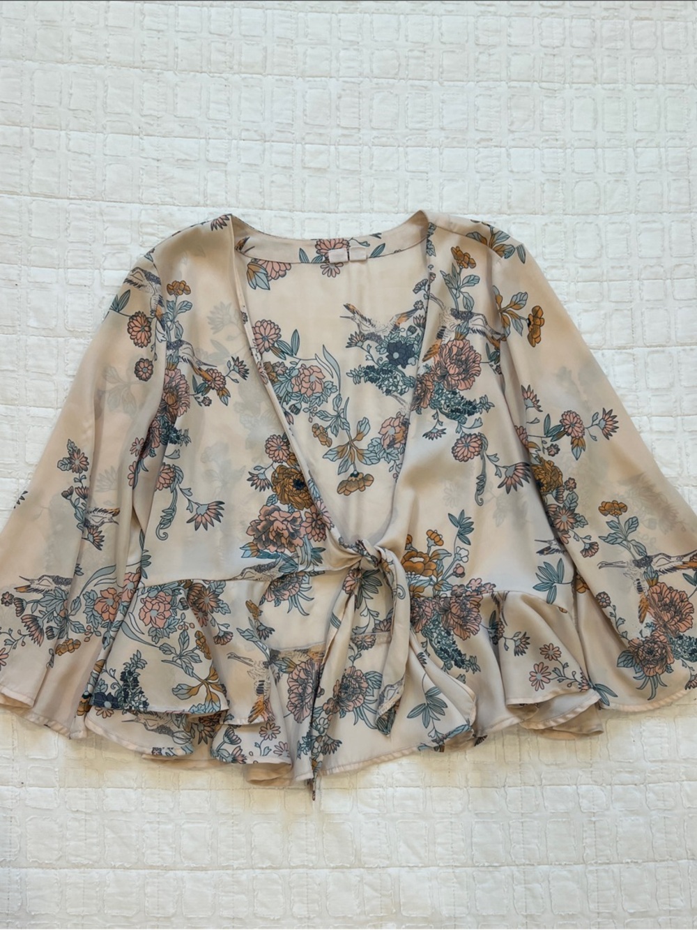 Melrose & Market Floral Tie-Front Peplum jacket  - Cream/Peach/ Aqua EUC